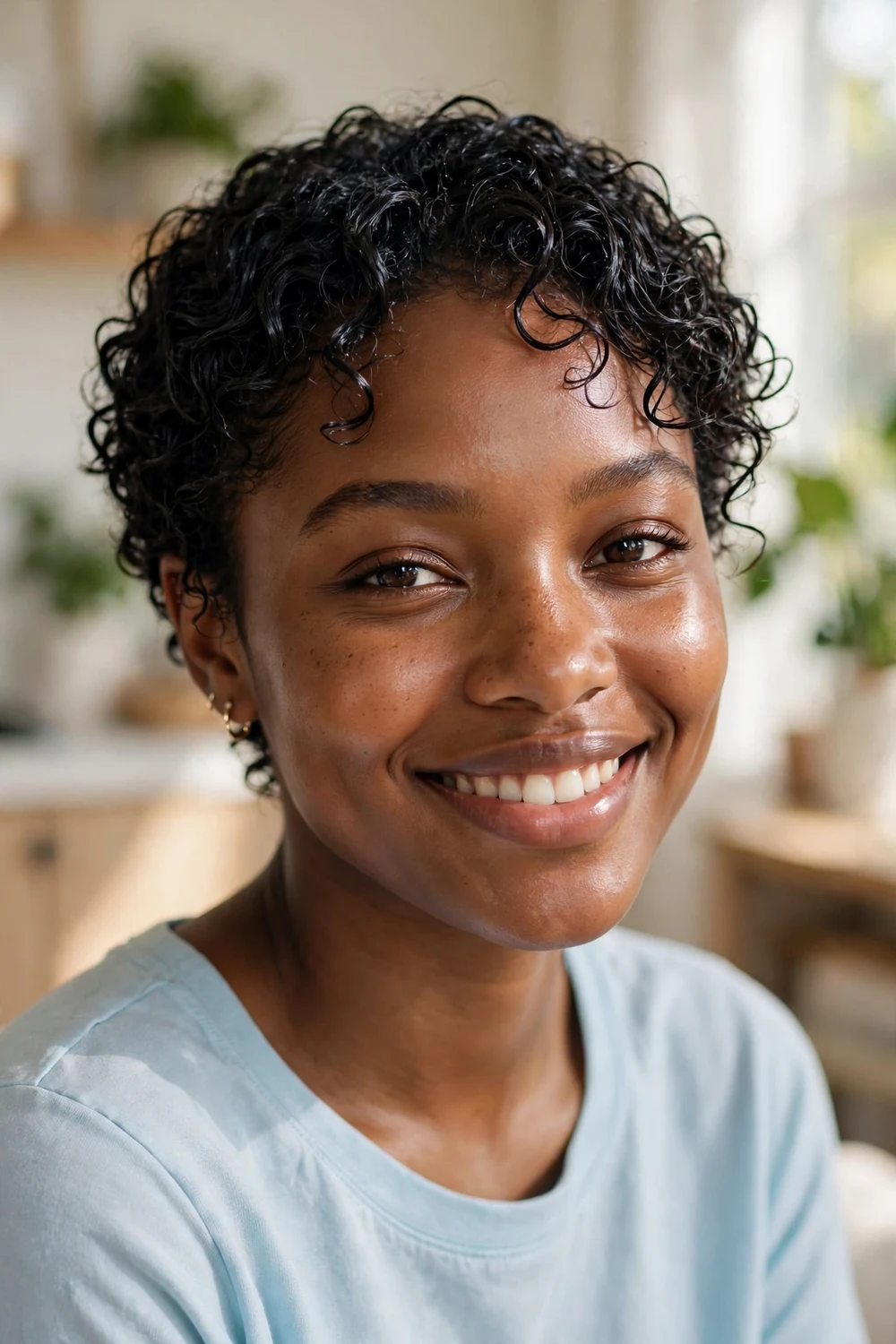 Black woman in her mid-20s with fresh glossy wash-and-go curls
