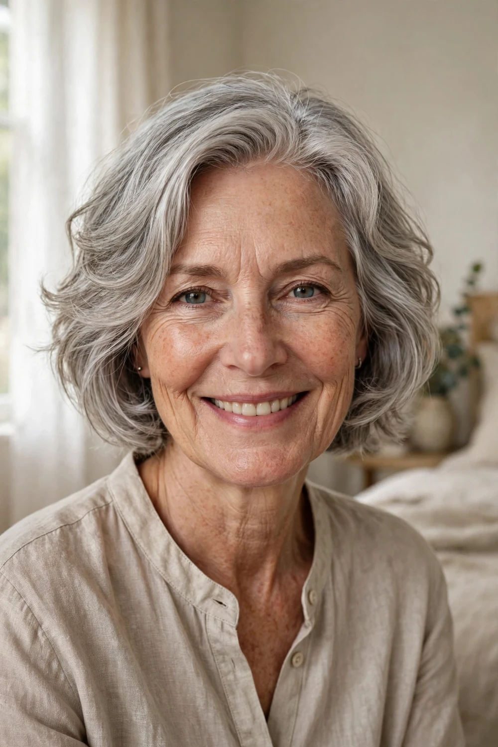 White woman in her early 60s with a short wave-enhancing silver bob in a bedroom