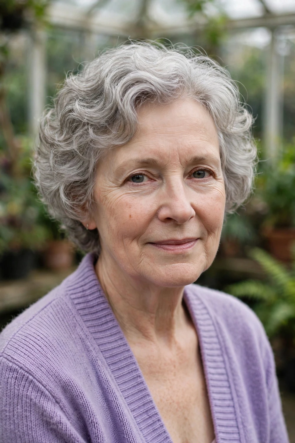 Woman over 50 with a short wavy perm hairstyle on thin gray hair