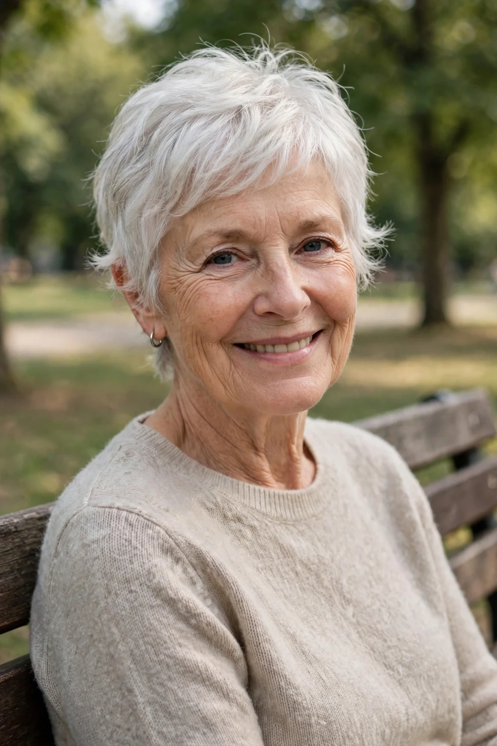 White woman in her mid 60s with a short wispy white-silver pixie on a park bench
