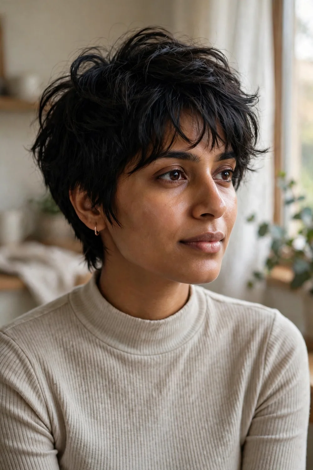 Short wolf cut hairstyle with textured crown layers and soft bangs