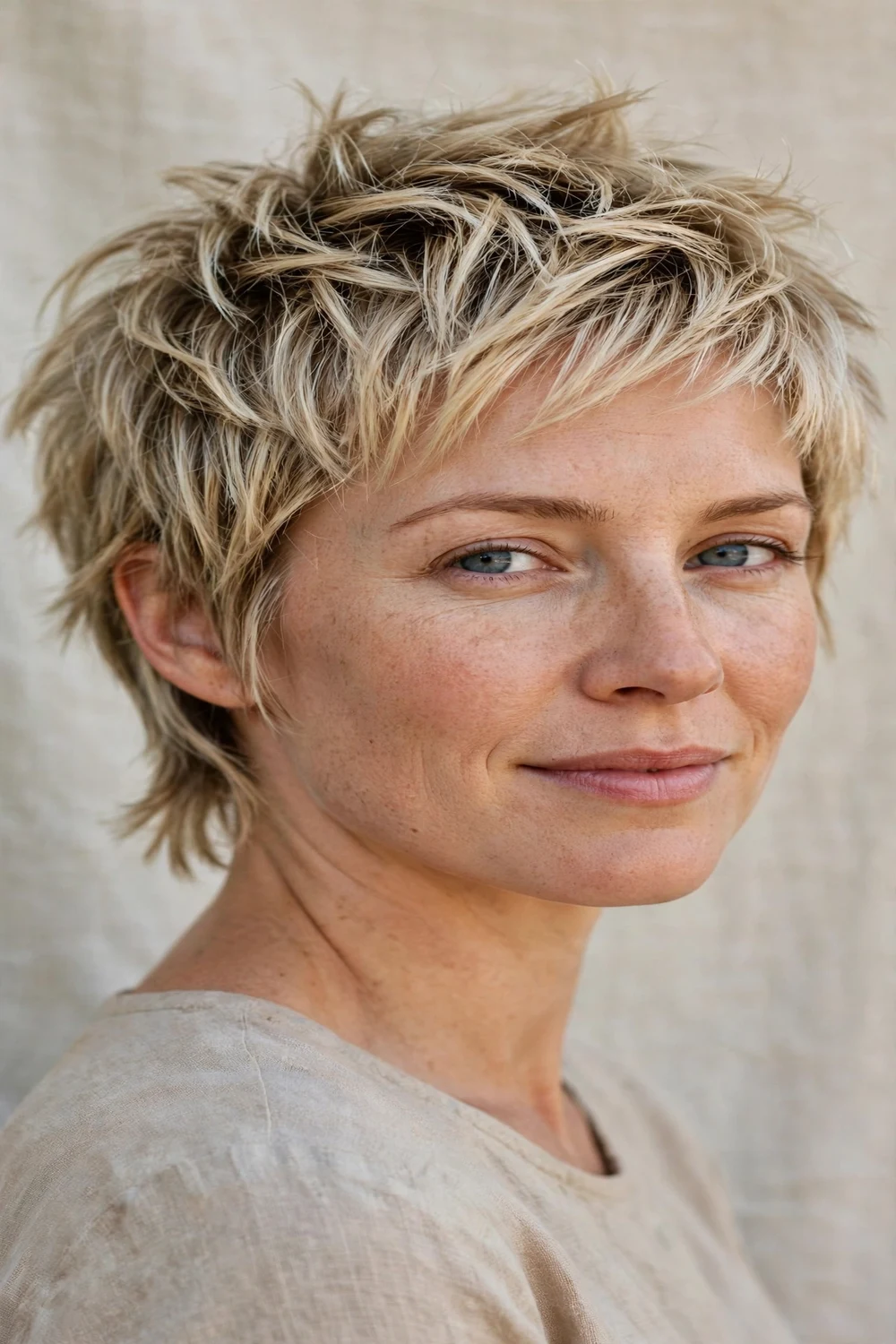 Woman with a short wolf cut, textured layers through the crown