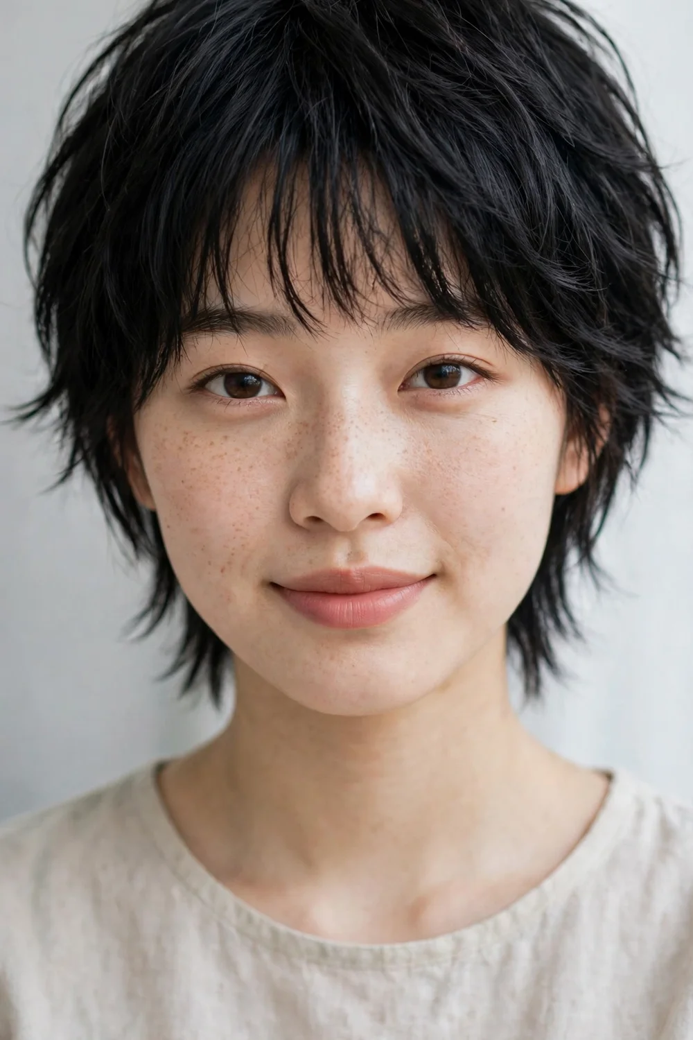 Woman in her 60s with short wolf cut and wispy back layers, side view