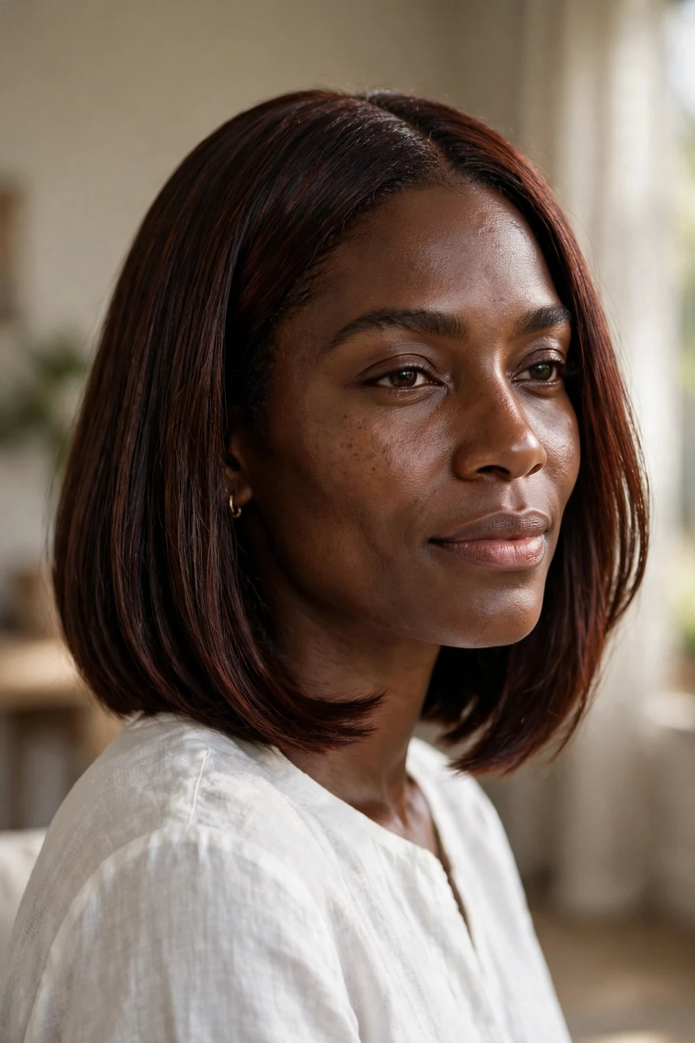 Shoulder-length angled bob with gentle forward slope