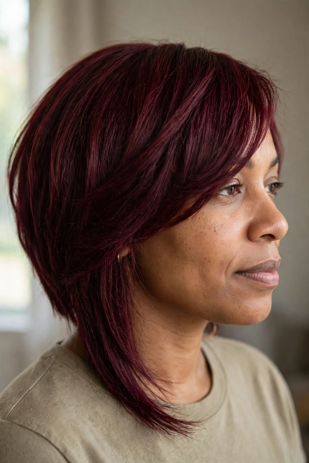 Asymmetrical lob with angled bangs on fine burgundy hair