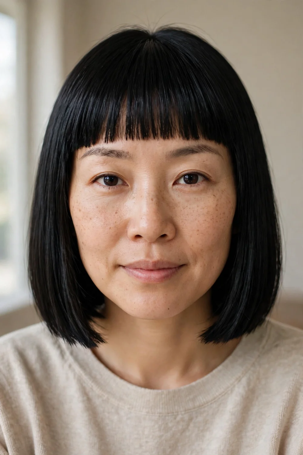 Blunt shoulder-length bob with straight full bangs on fine black hair