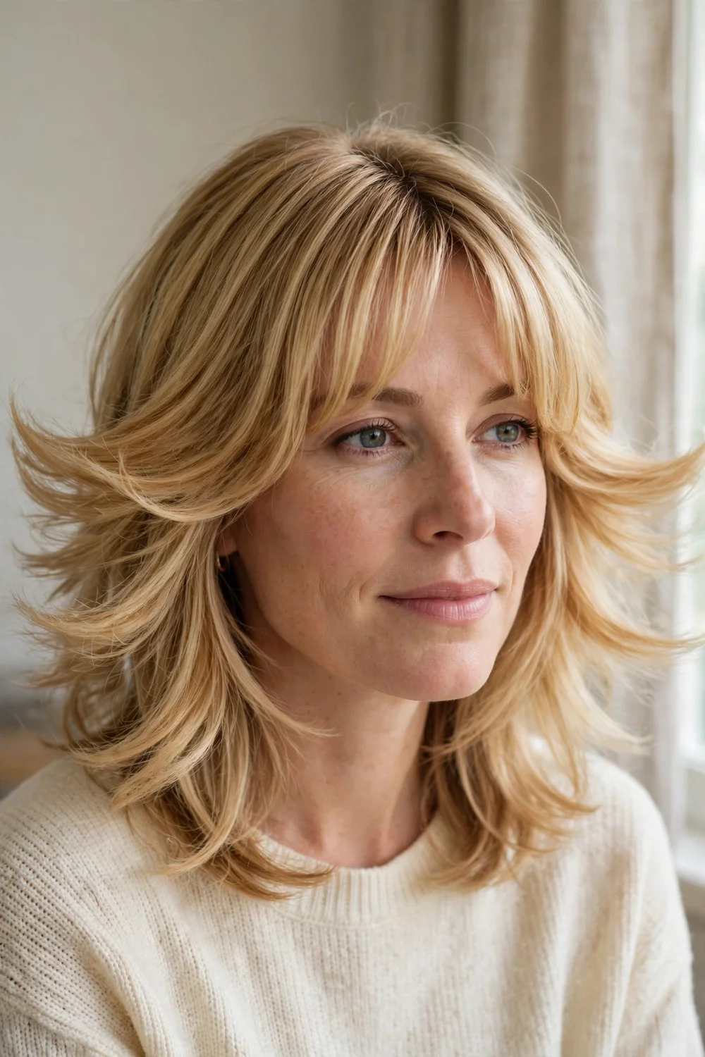 Butterfly haircut with curtain bangs on fine blonde hair