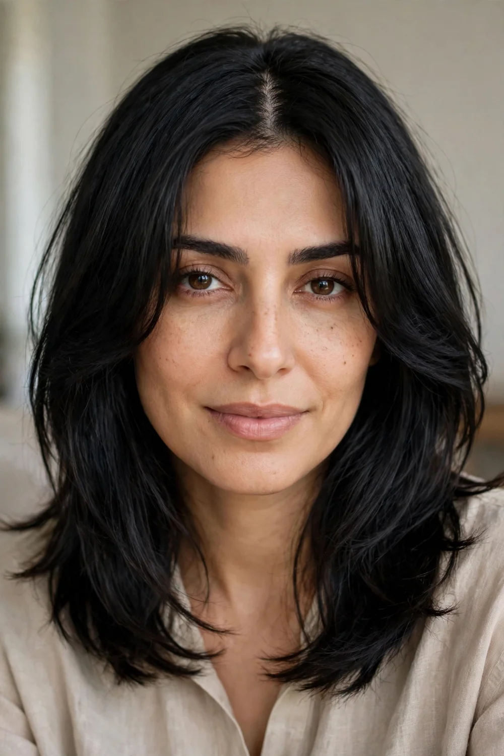 Center-parted curtain bangs with face-framing layers on fine black hair
