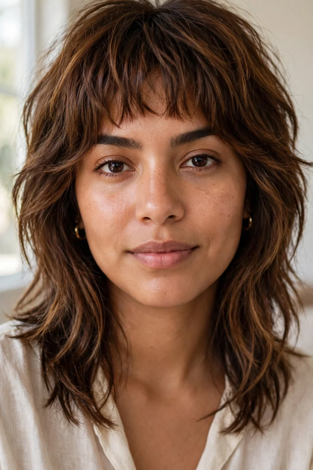 Layered mid-length haircut with choppy bangs on fine chestnut hair