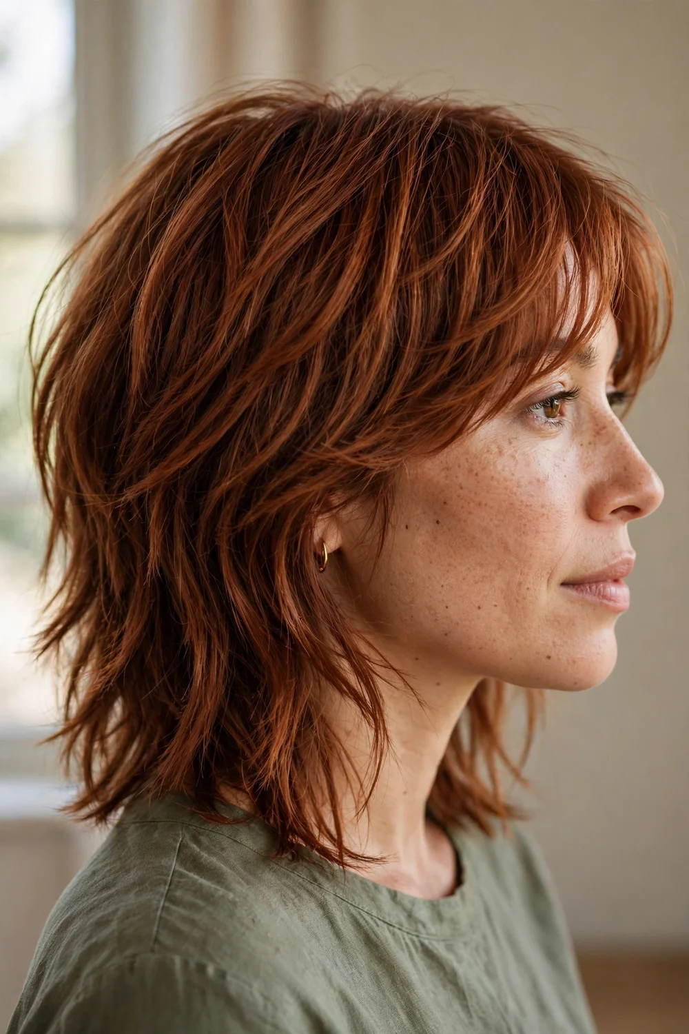 Collarbone shag with side-swept bangs on fine auburn hair