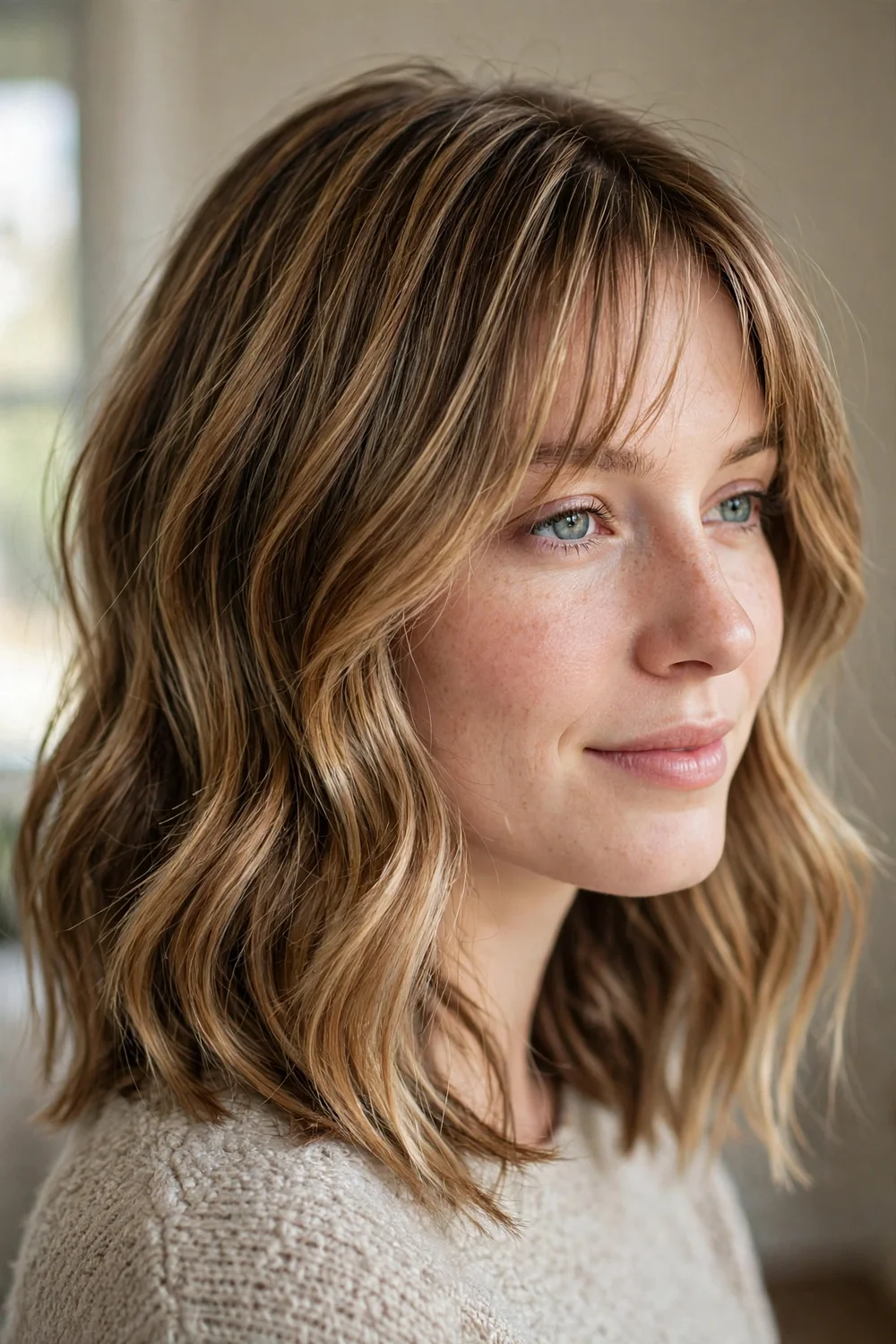 Mid-length cut with dimensional caramel balayage and wispy bangs on fine hair