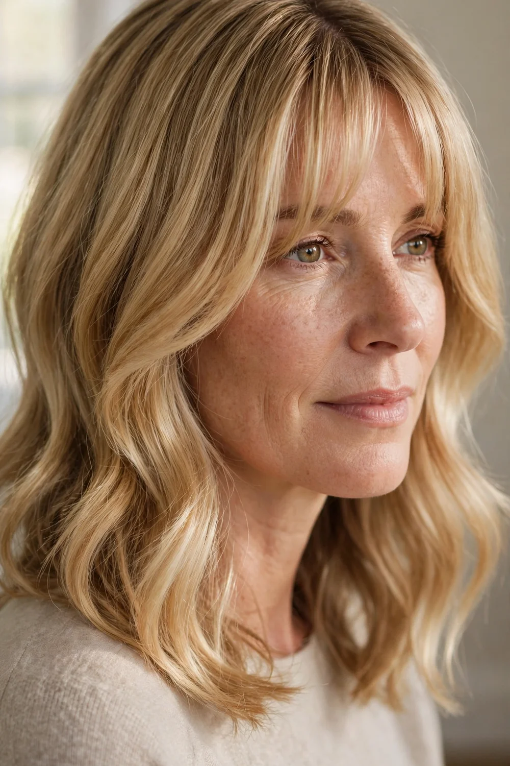 Side-parted shoulder-length cut with curtain bangs on fine blonde hair