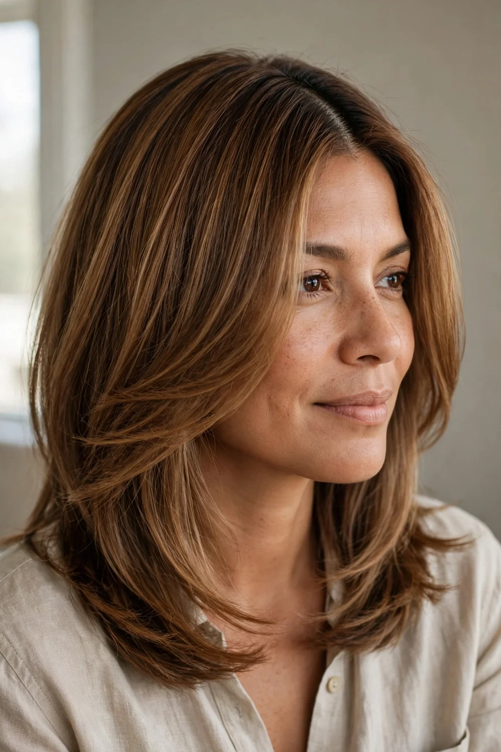 Deep side part with long side-swept bangs on fine caramel brown hair