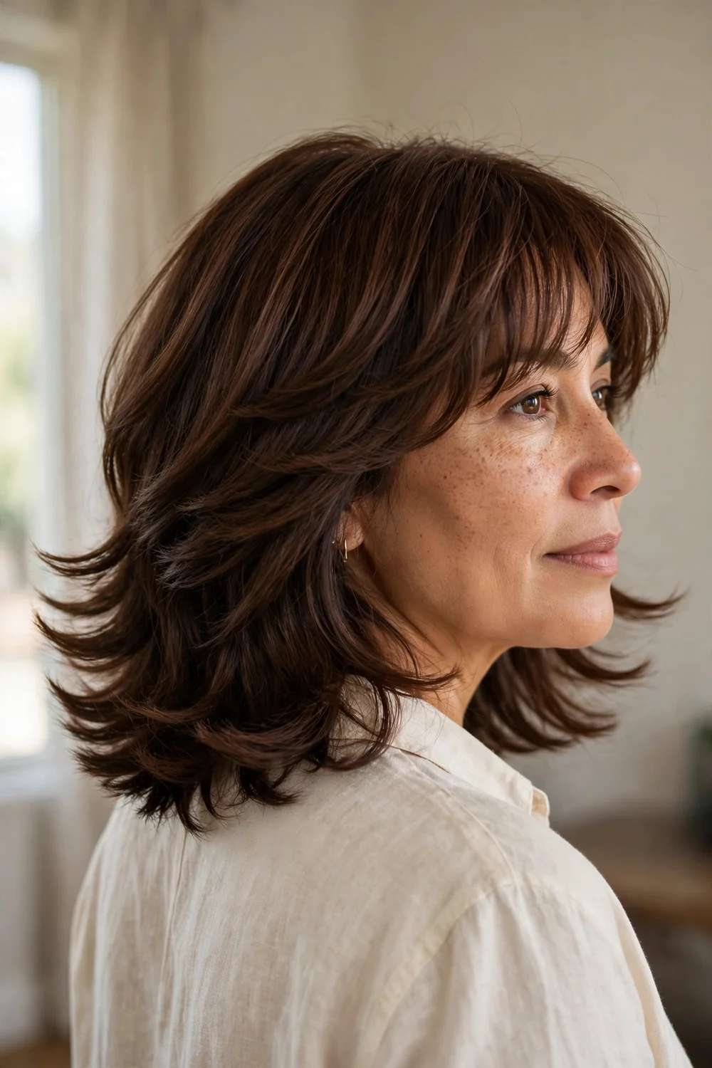 Feathered U-shaped shoulder-length cut with light bangs on fine brown hair