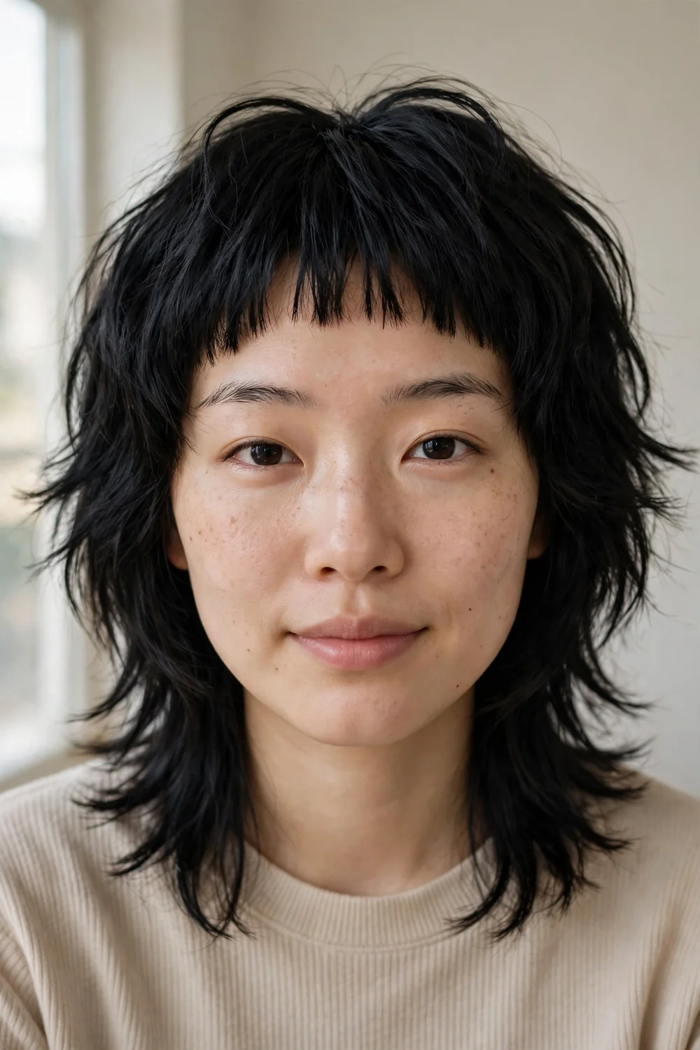 Graduated shag with micro-bangs on fine black hair