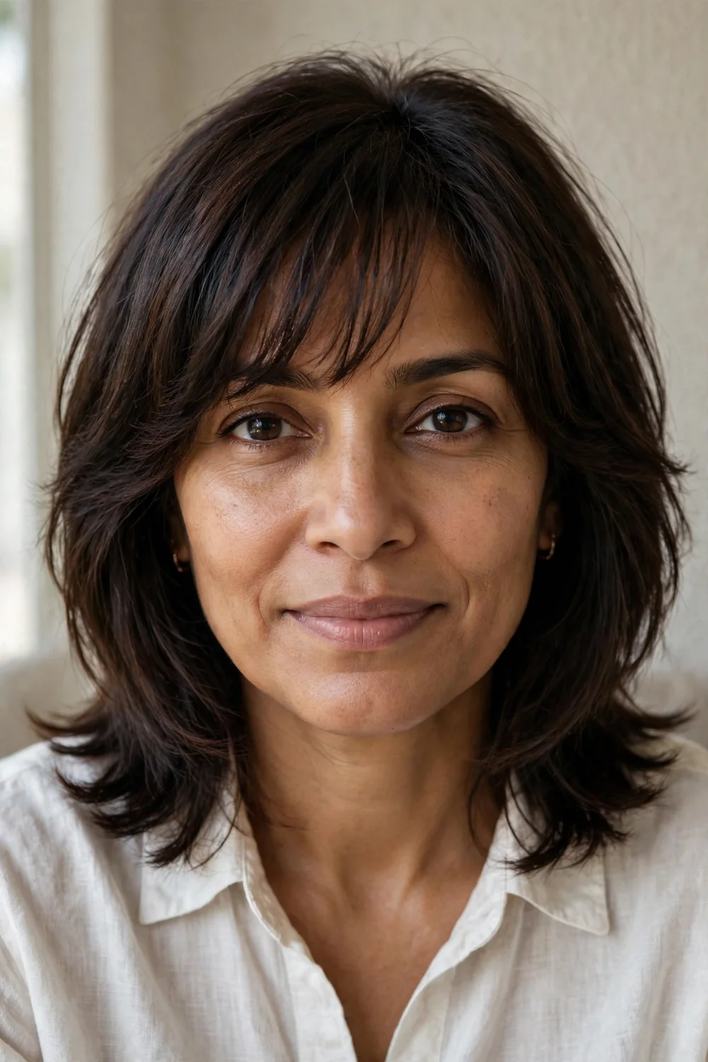Shoulder-length haircut with layered bangs on fine dark brown hair