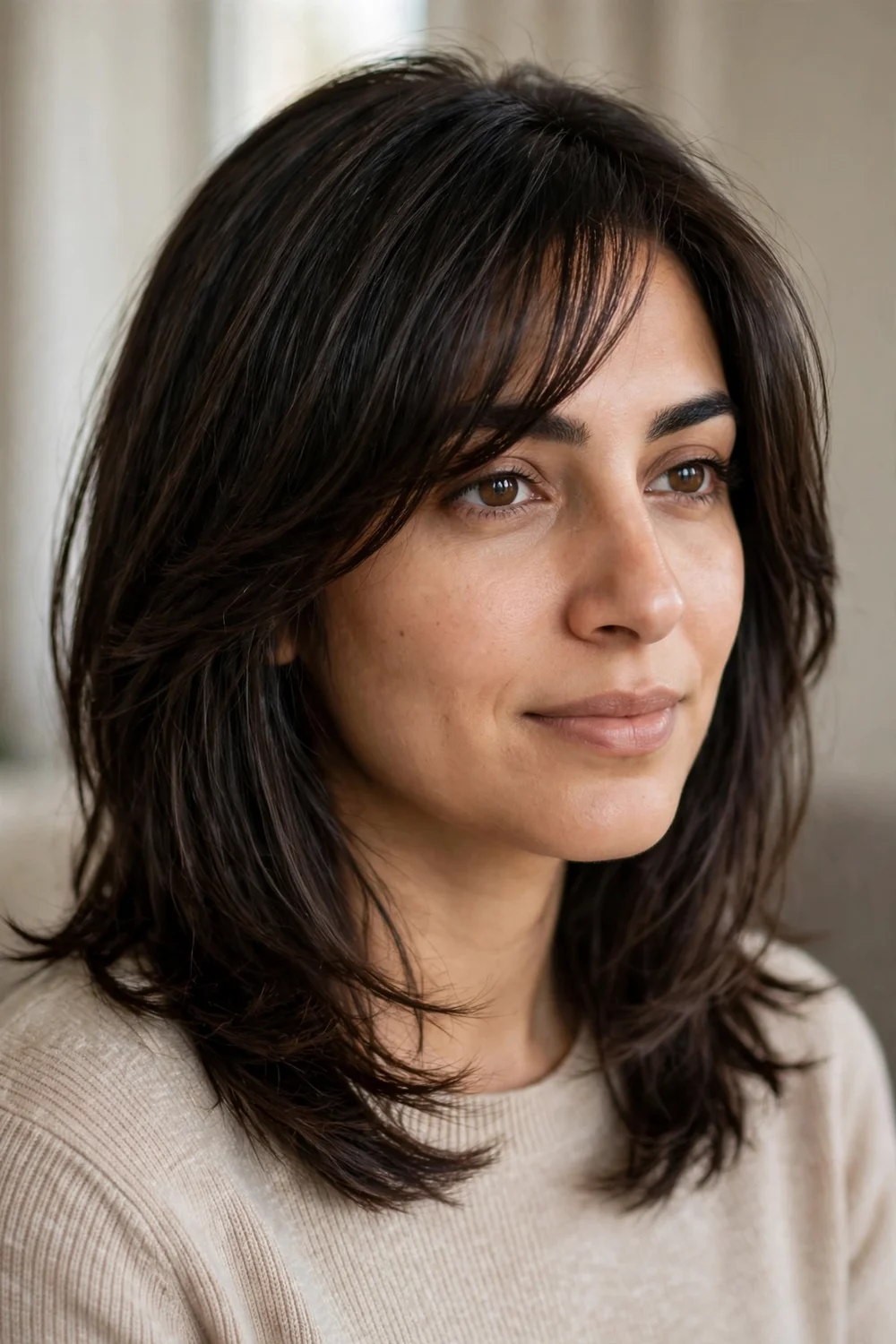 Layered shoulder-length haircut with side bangs on fine dark brown hair
