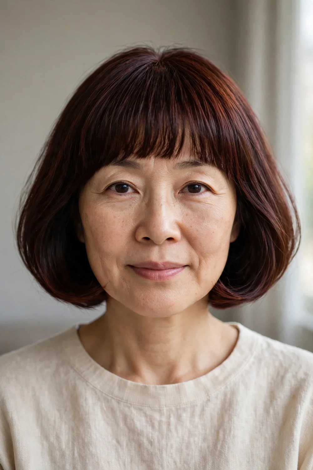 Rounded bob with full bangs and flipped ends on fine auburn hair