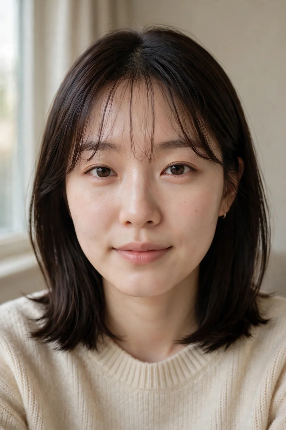 Shoulder-length cut with sheer see-through bangs on fine dark brown hair