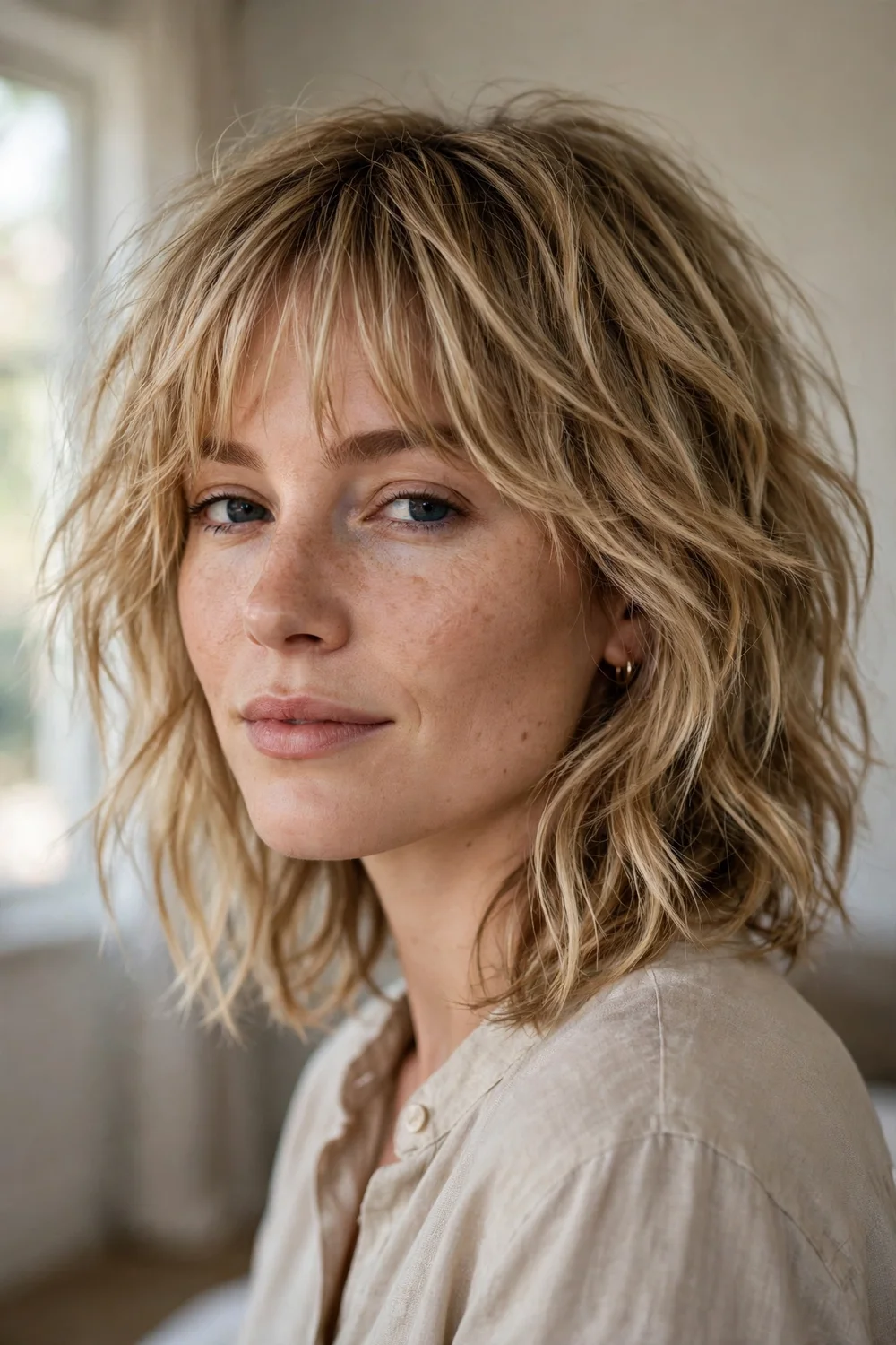 French-girl inspired shag with wispy bangs on fine blonde hair