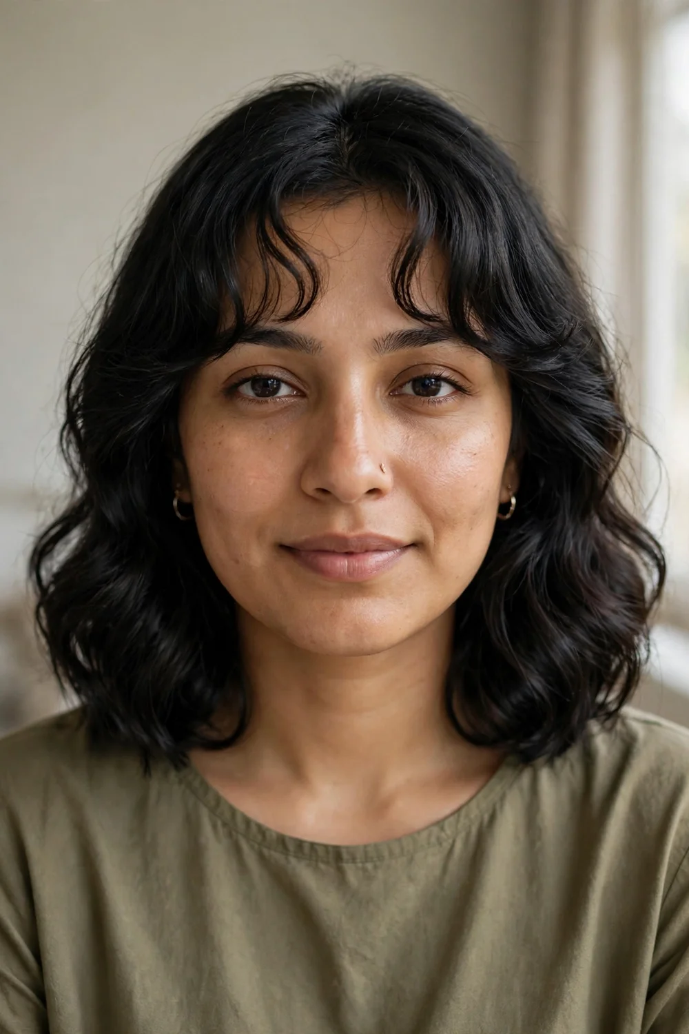Shoulder-length hair with soft wavy bangs on fine black hair