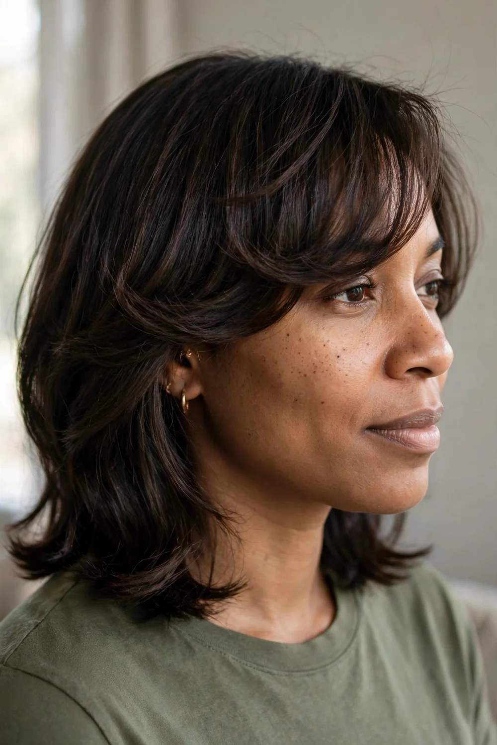 Shoulder-length cut with long swoopy bangs on fine dark brown hair