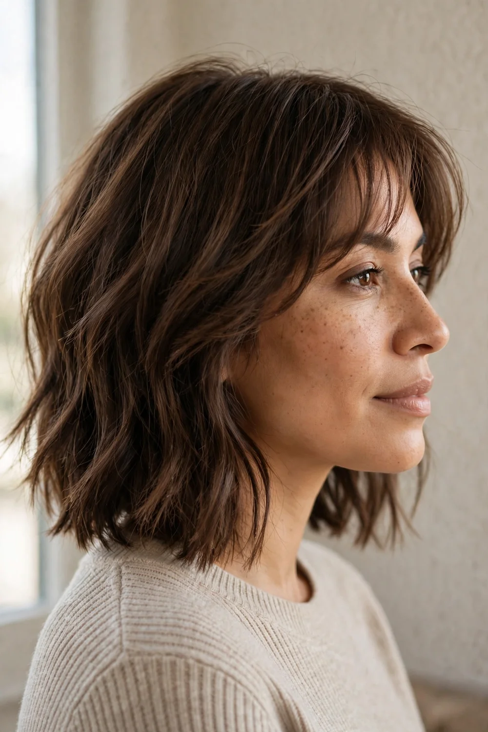 Textured lob with wispy bangs on fine brown hair