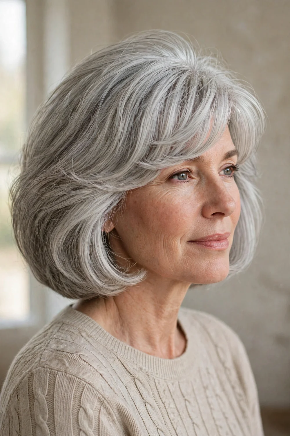 Voluminous rounded bob with side bangs on fine silver hair