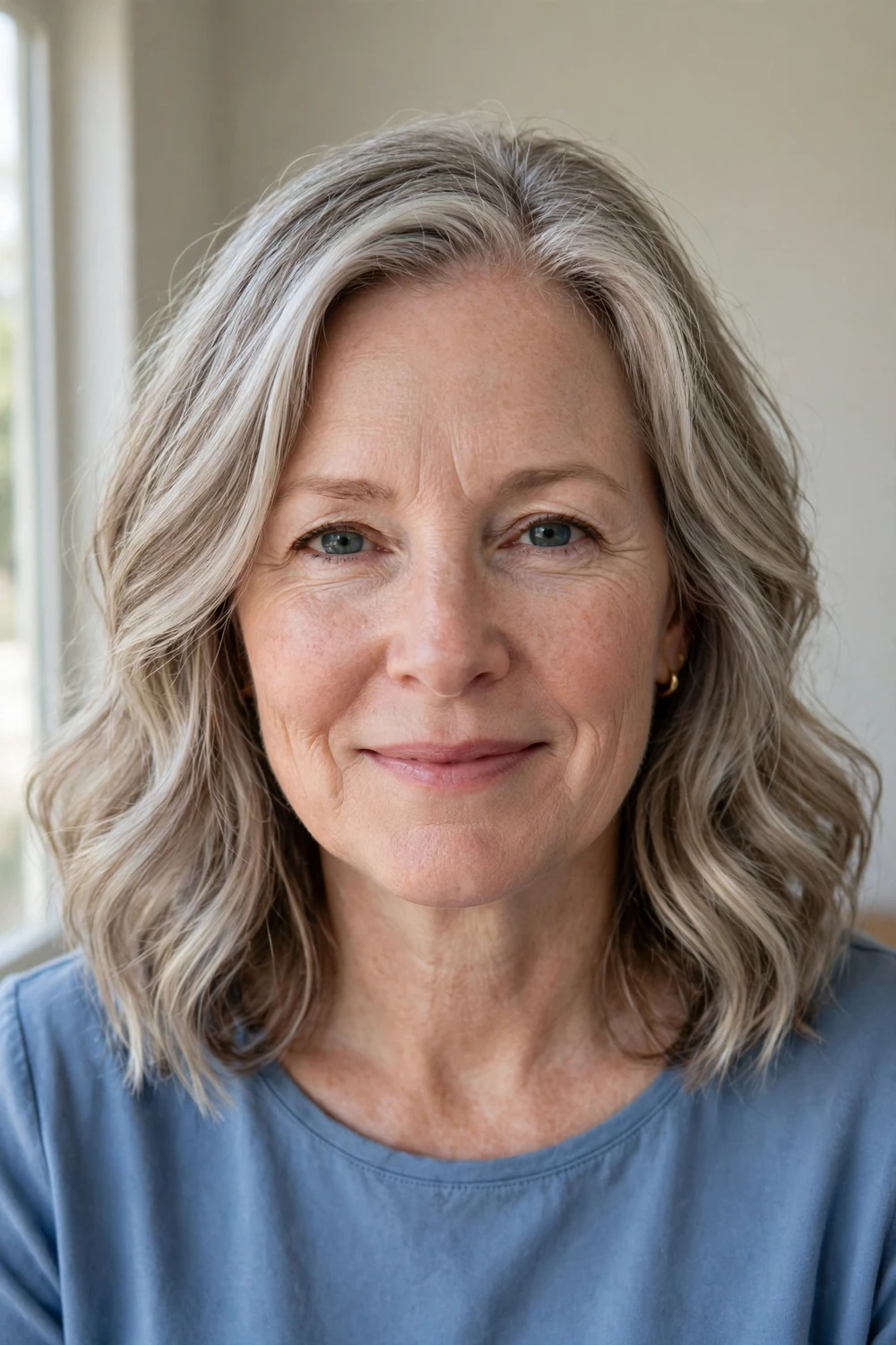 Woman in her mid 50s with fair skin and a shoulder-grazing wavy cut in ash-blonde hair with gray blending