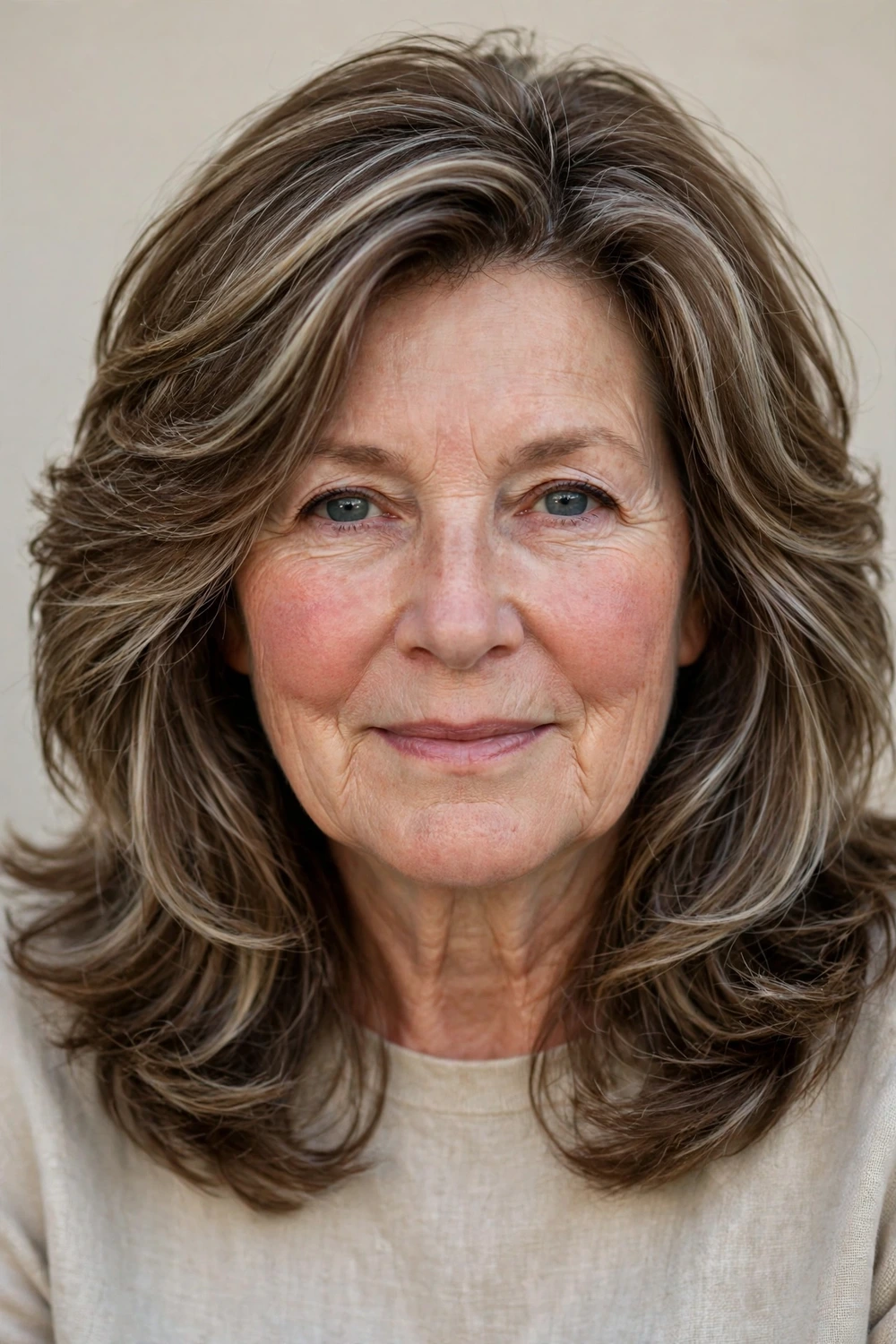 Woman in her 60s with shoulder-length layered cut and balayage highlights, three-quarter view