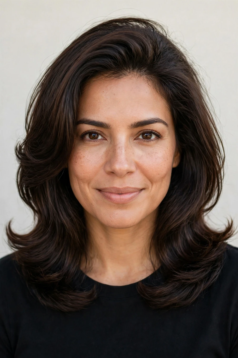 Oval-faced woman with shoulder-length blowout layers
