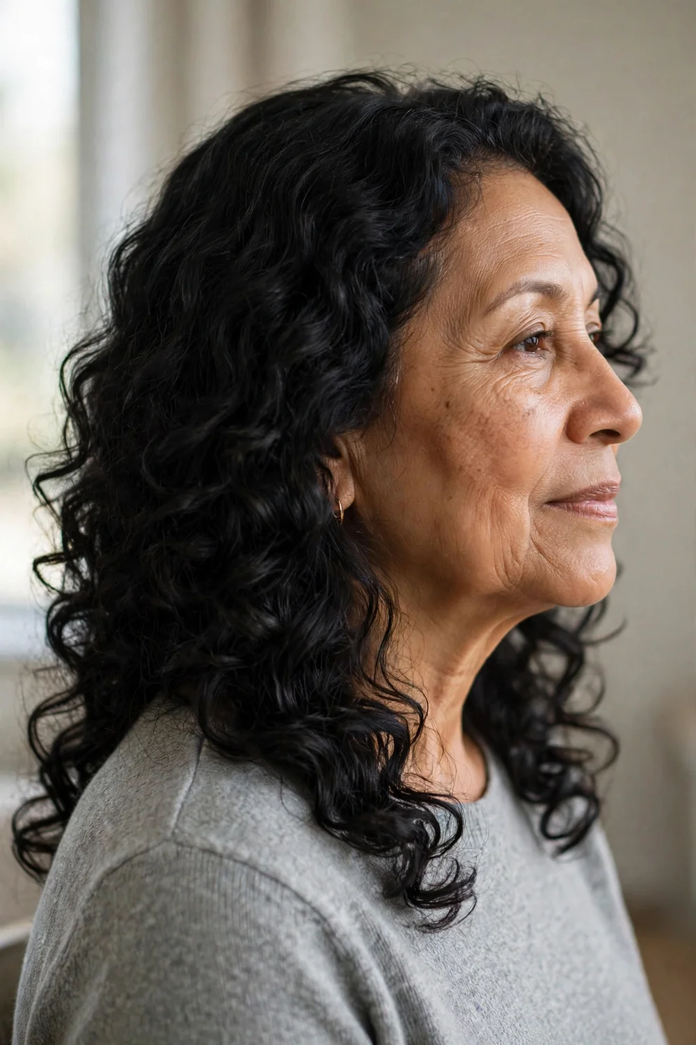 Older woman with a shoulder-length curly bob