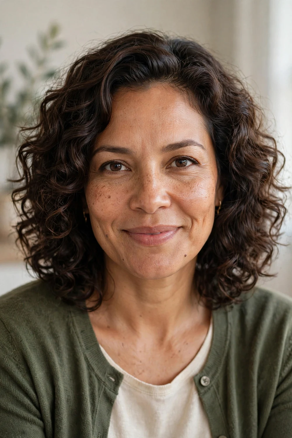 Shoulder-length curly haircut with layers on a woman with a square face
