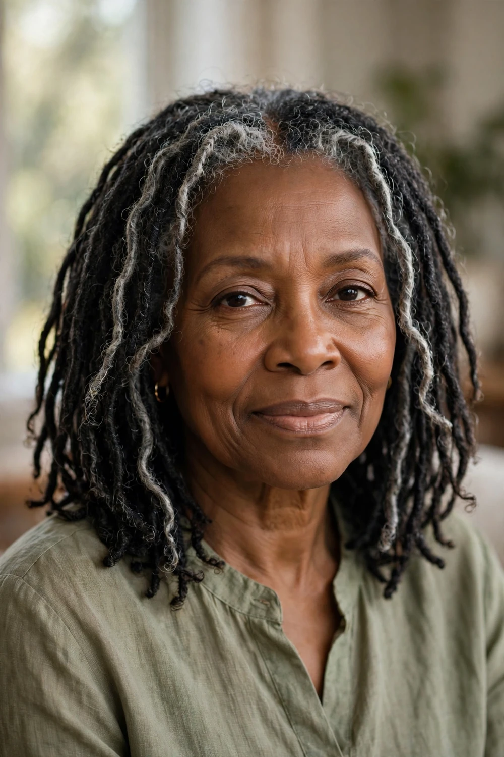 Black woman with shoulder-length faux locs, textured and natural-looking