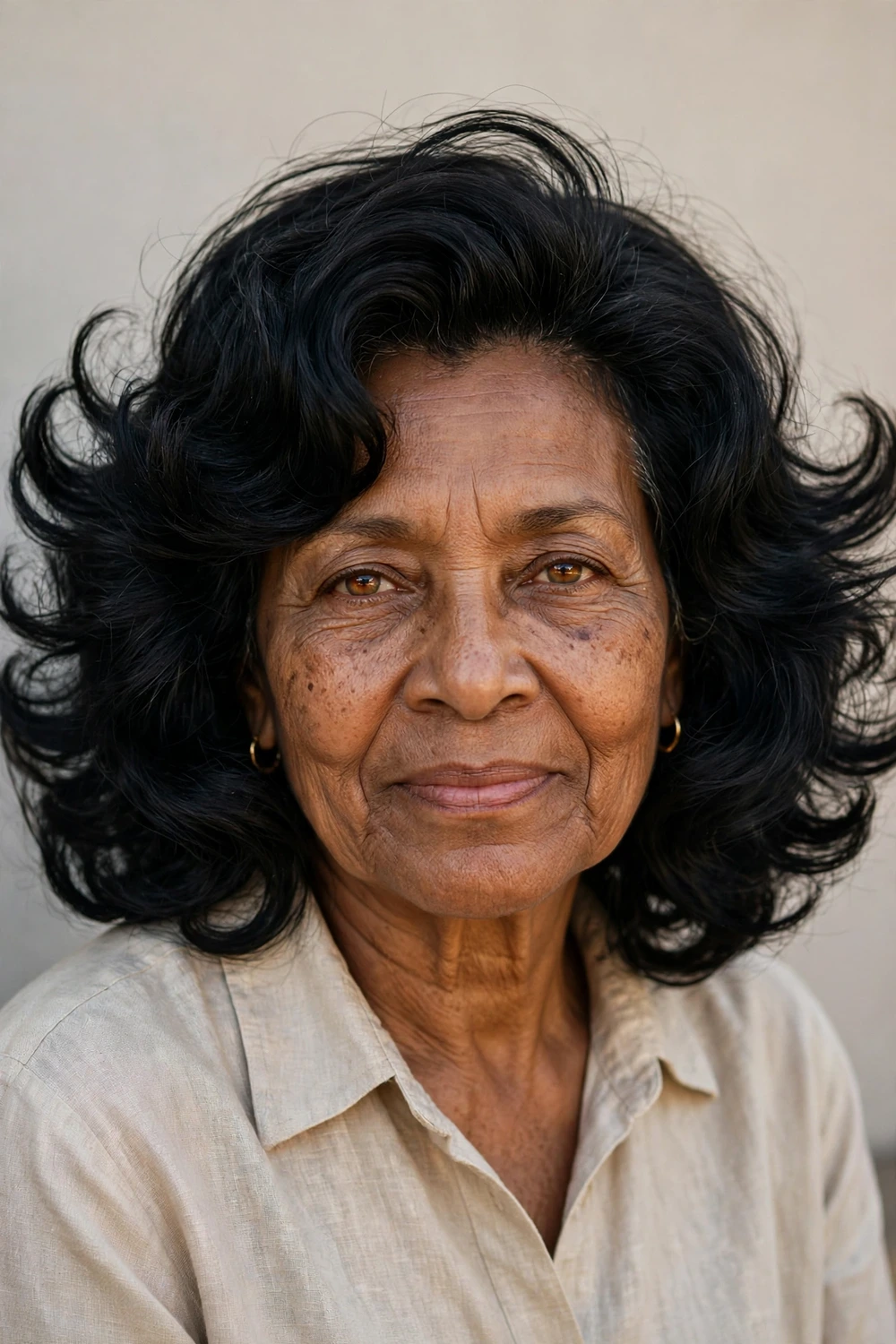 Woman in her late 60s with shoulder-length cut and flipped-out ends, back view