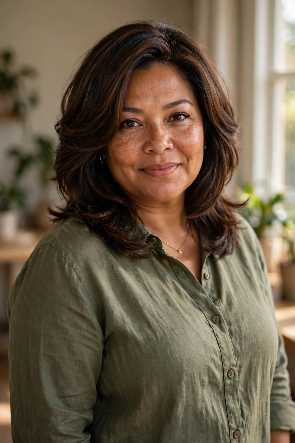 Plus-size woman in her late 40s with a shoulder-grazing layered lob and deep side part