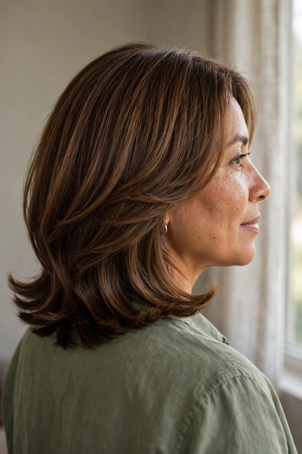 Woman with medium brown hair in a shoulder-length layered lob with blended layers