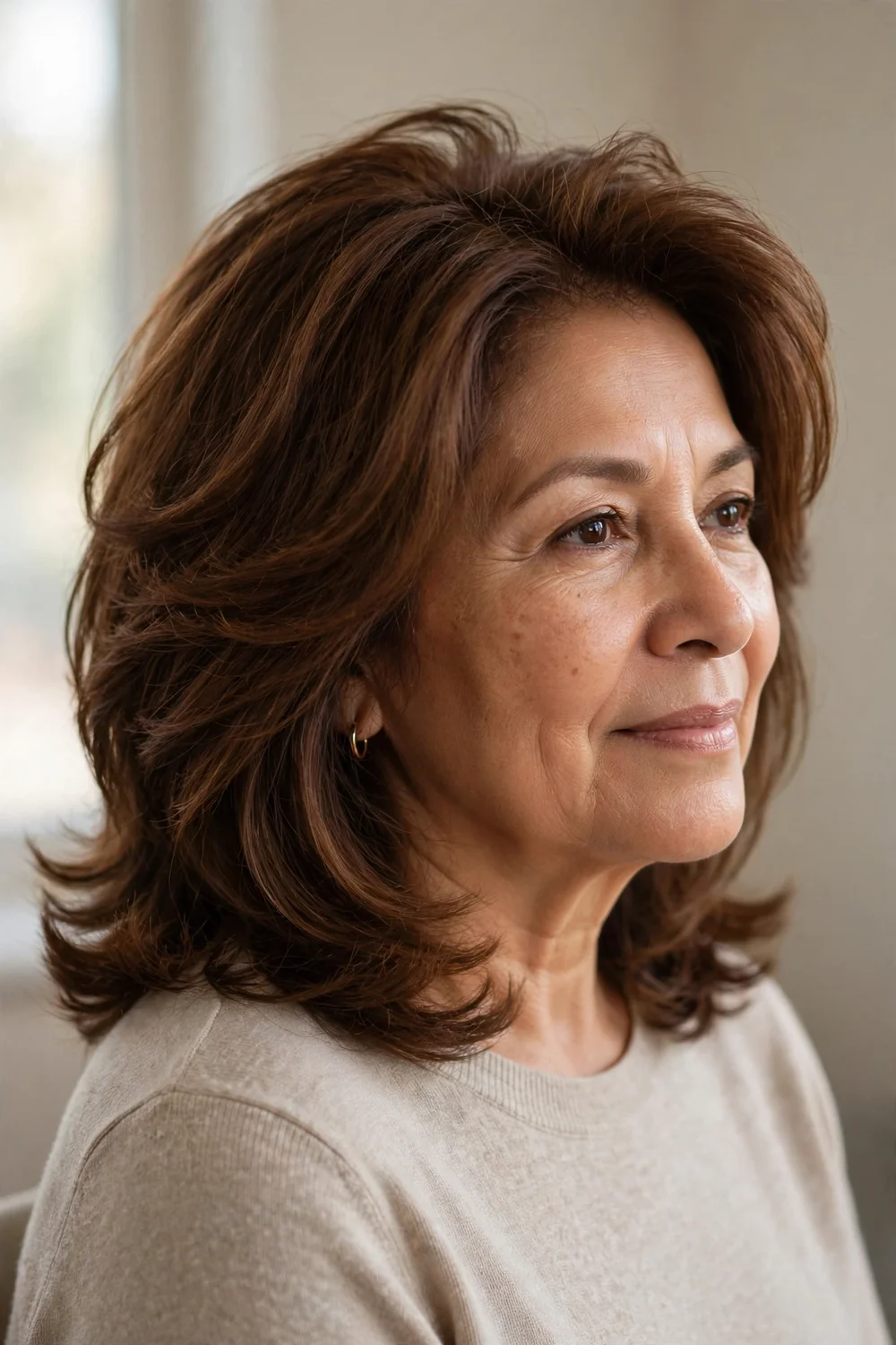 52-year-old Latina woman with chestnut brown shoulder-length layered hair, side view