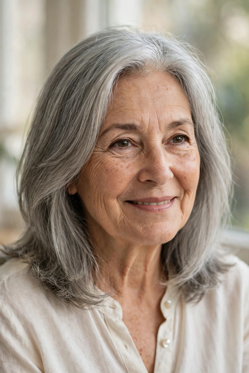 64-year-old woman with silver-gray shoulder-length layered hair, side view