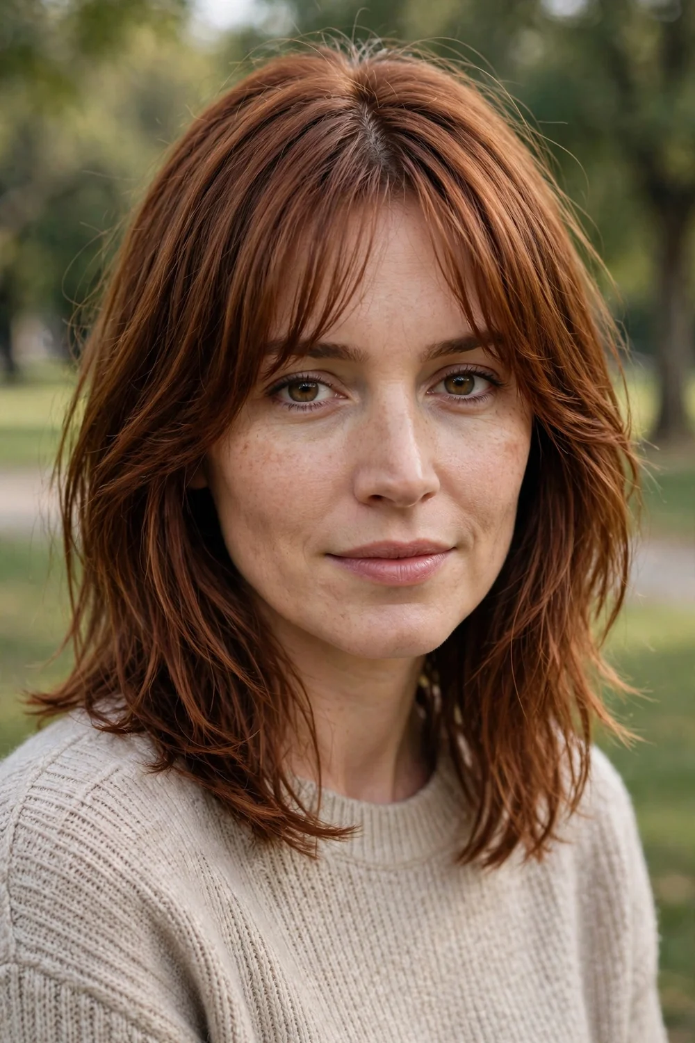 Woman with shoulder-length layered hair and soft bangs for thin hair