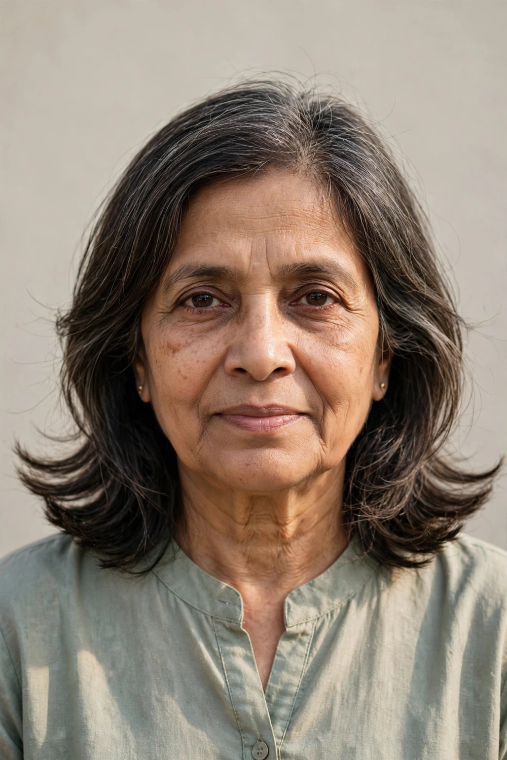 Woman over 50 with shoulder-length layered hair with flipped ends adding width to thin hair