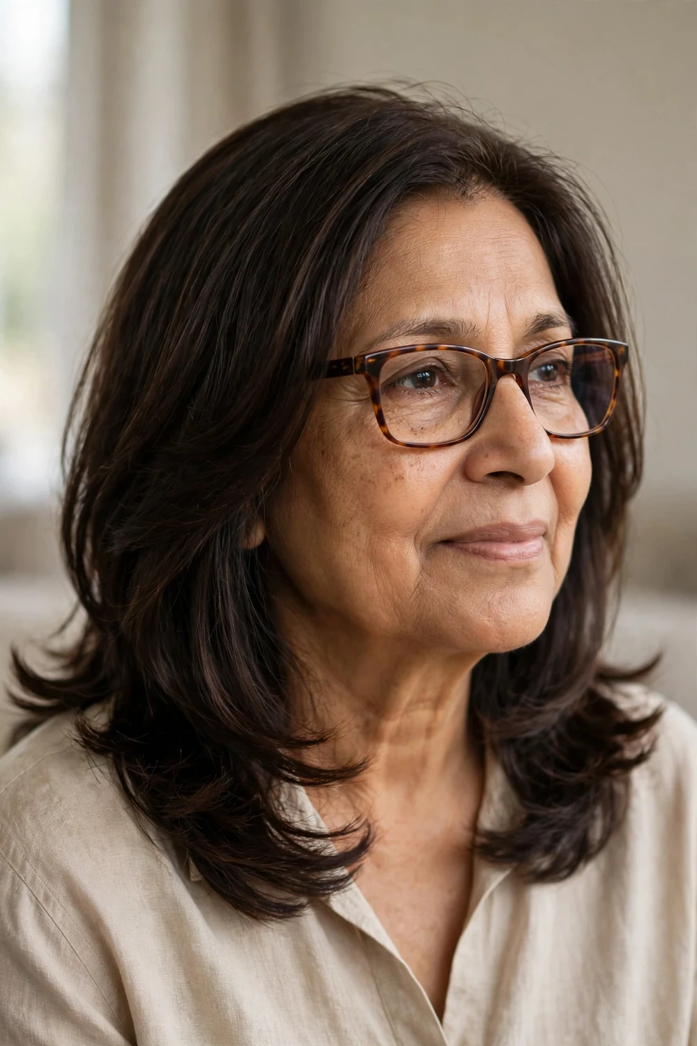 Shoulder length layered hair on a woman over 60 with glasses