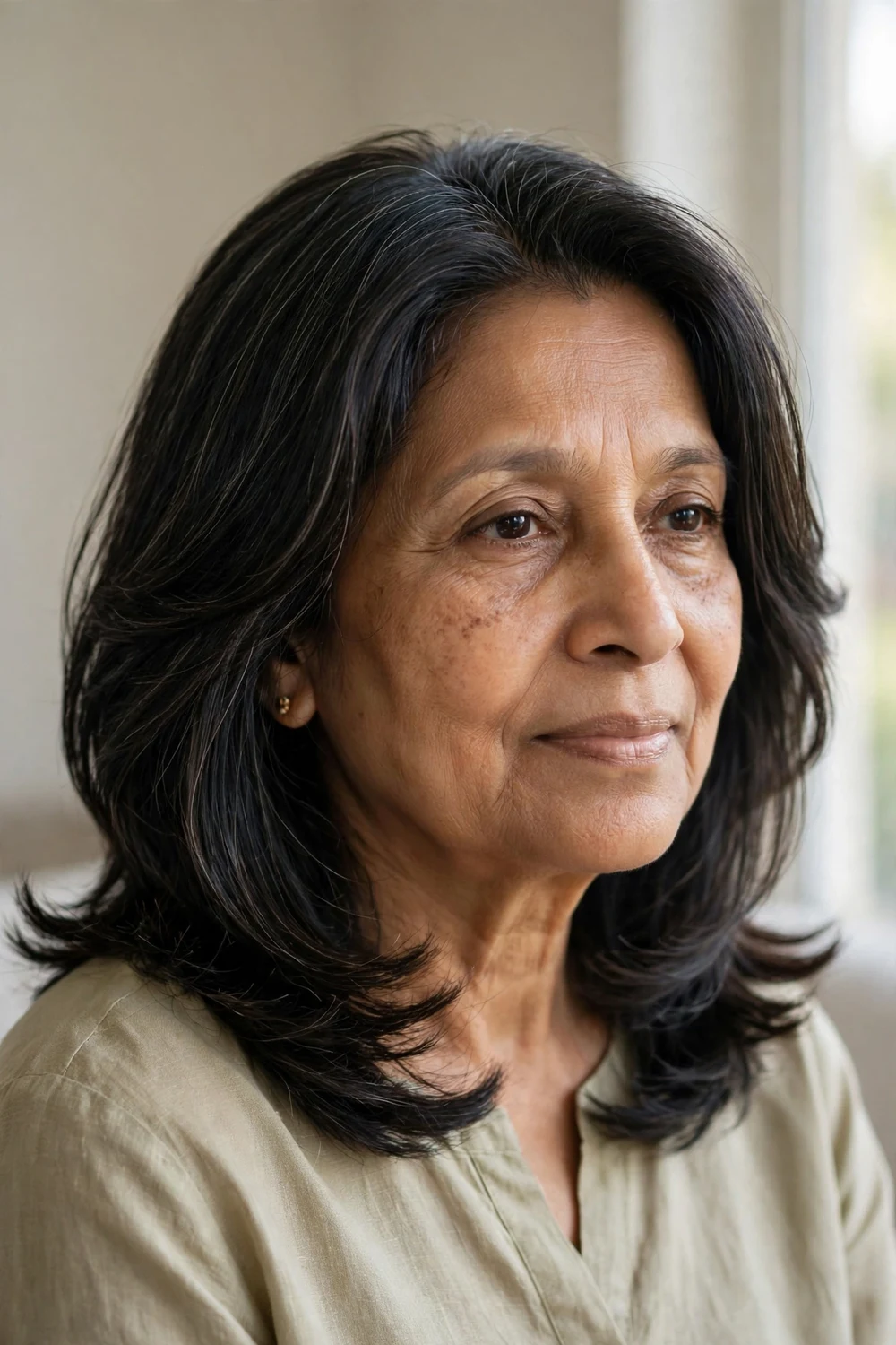 Woman over 60 with shoulder-length layered hair styled smooth