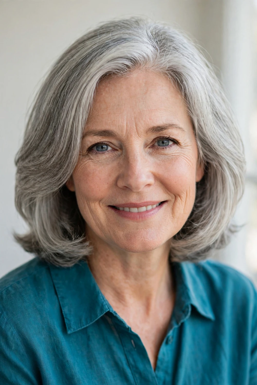Woman with an oval face wearing shoulder-length layers with a rounded shape