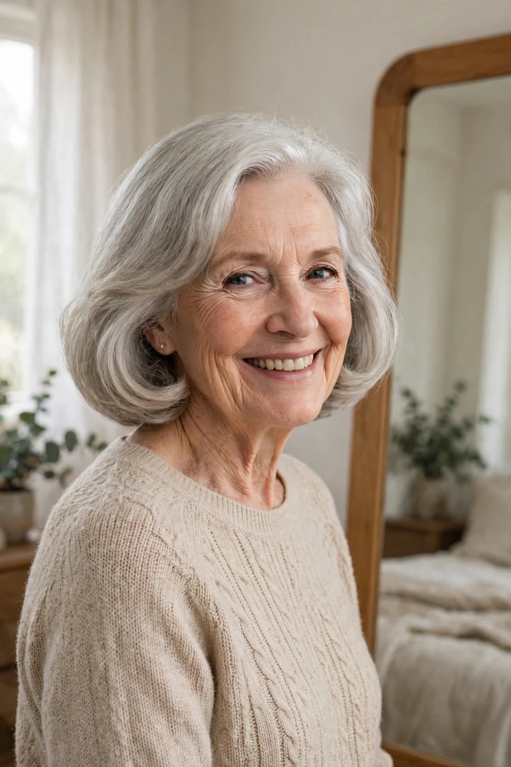 White woman in her early 70s with a shoulder-length rounded silver lob by a bedroom mirror