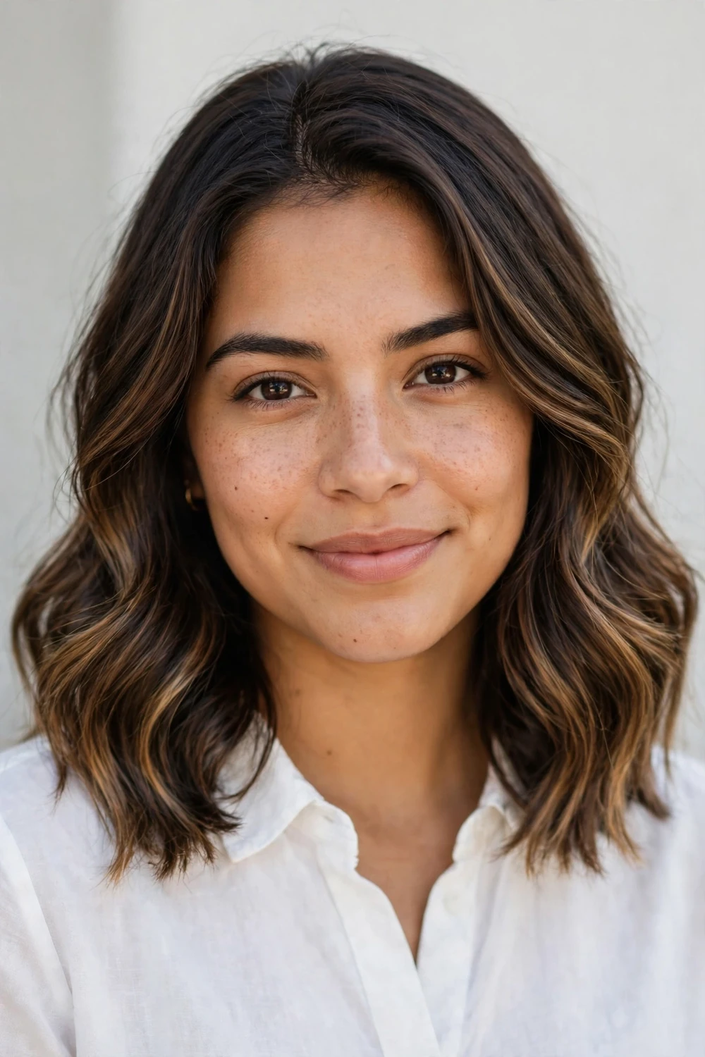 Woman with an oval face wearing shoulder-length hair with soft balayage highlights
