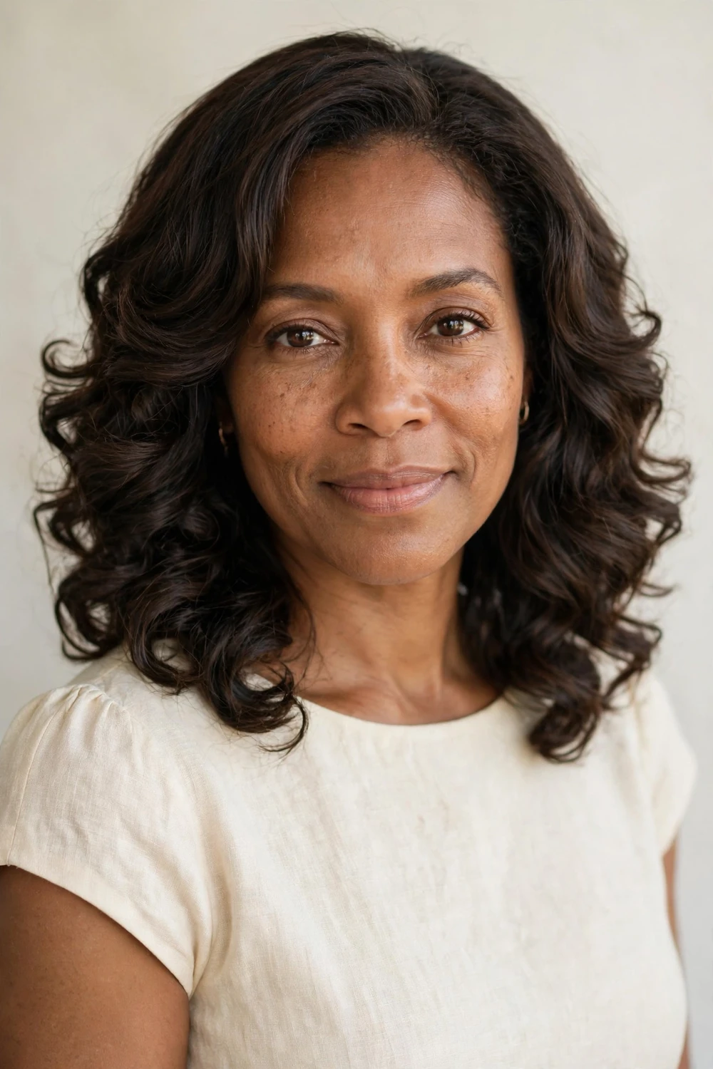 Woman with oval face wearing shoulder-length hair with soft curls