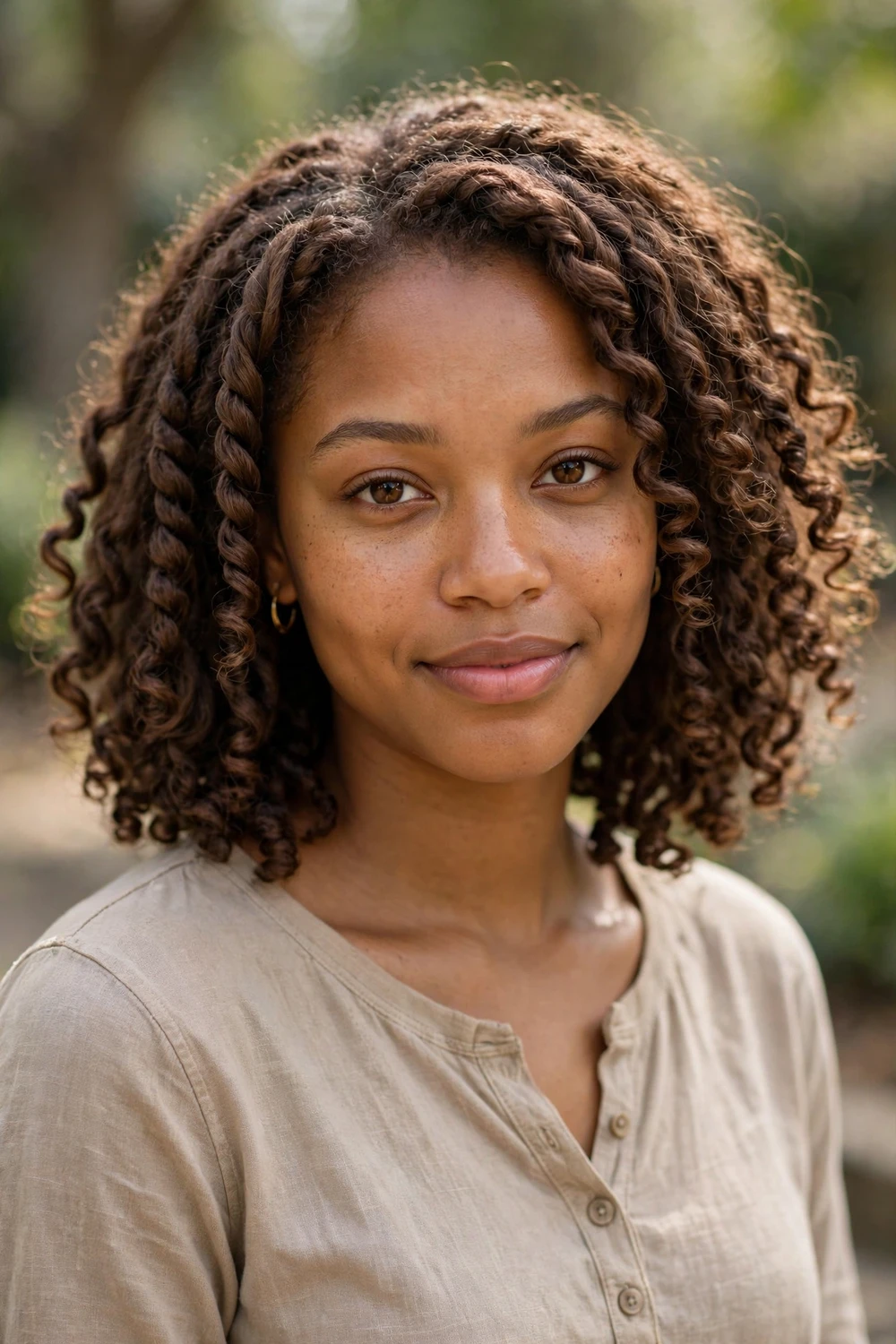 Black woman with a defined shoulder-length twist-out, soft separated curls