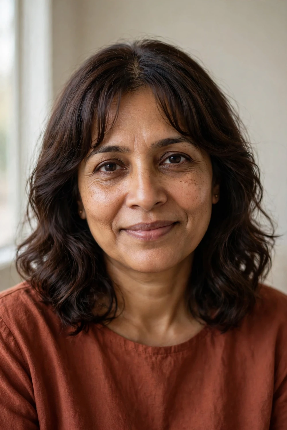 South Asian woman in her late 40s with shoulder-length dark brown waves and curtain bangs