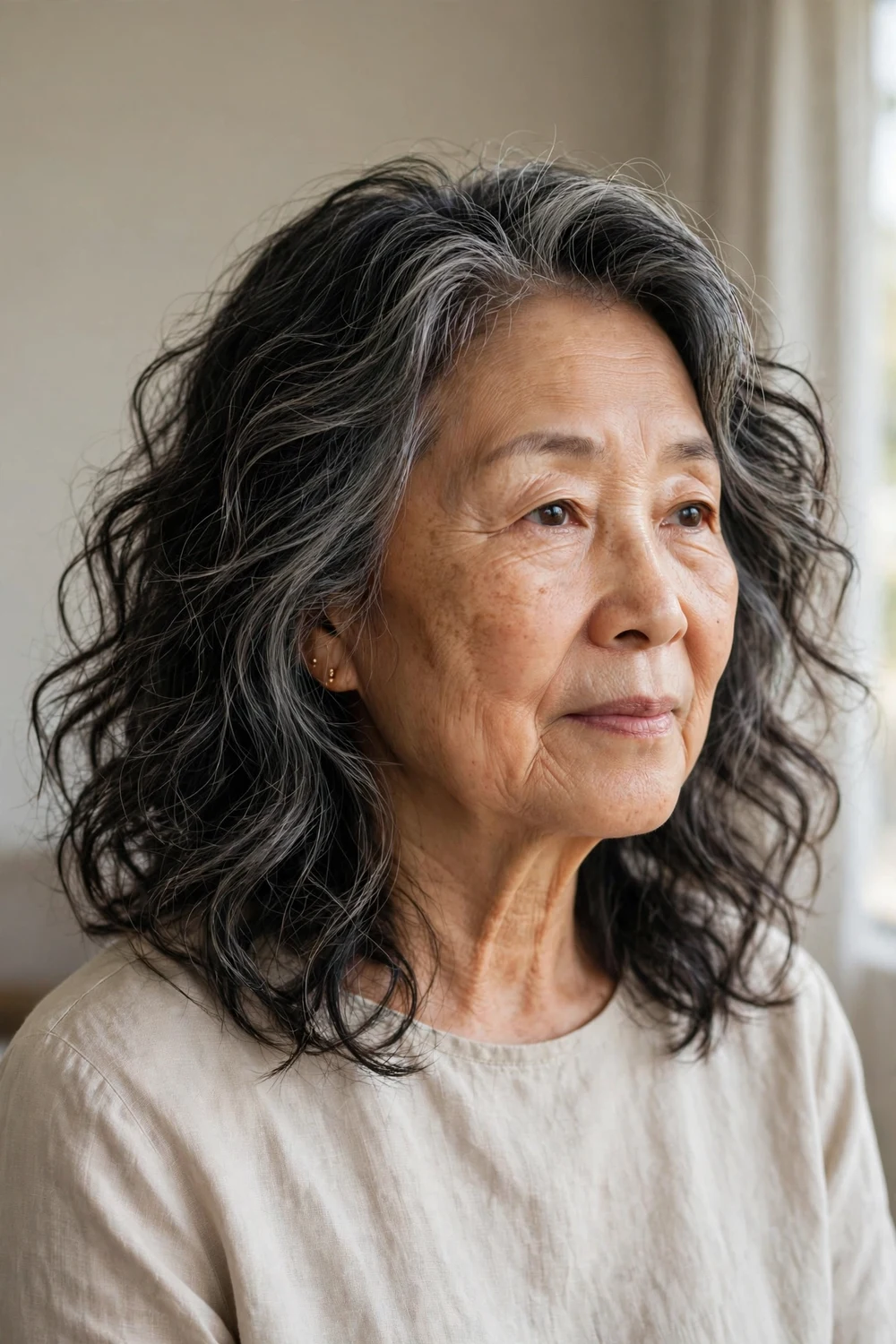 Woman over 60 with soft tousled shoulder-length waves
